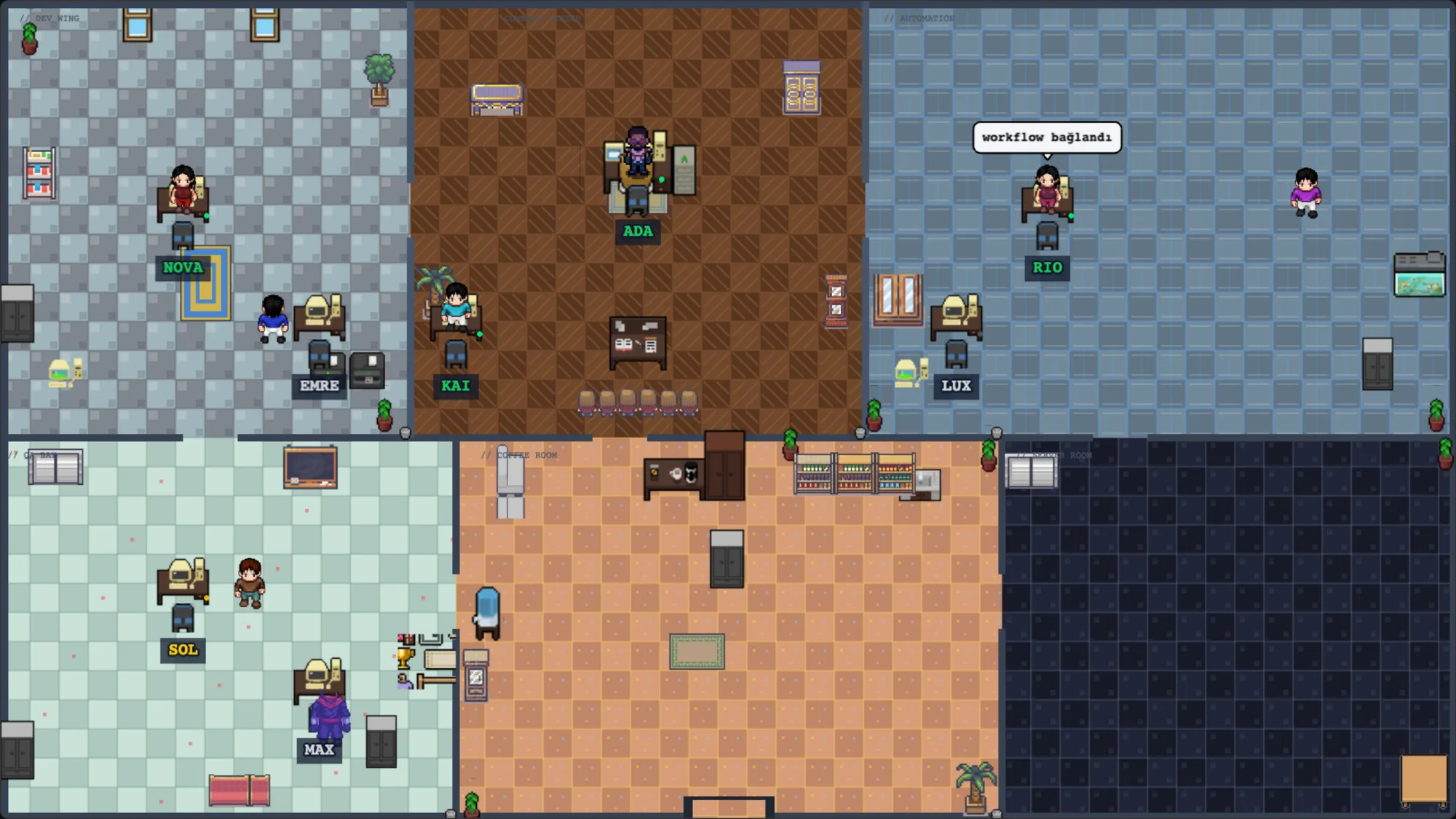 AgentSpace uygulamasının pixel-art ofisi: takım masalarında çalışan AI ajanlar ve canlı görev baloncukları.